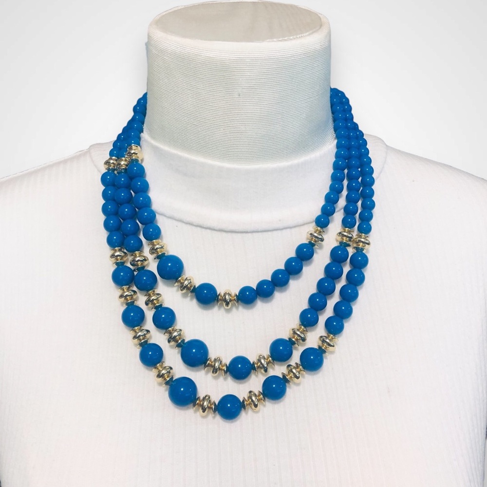 Vintage Blue and Gold Beaded Layered Multi-Strand Necklace